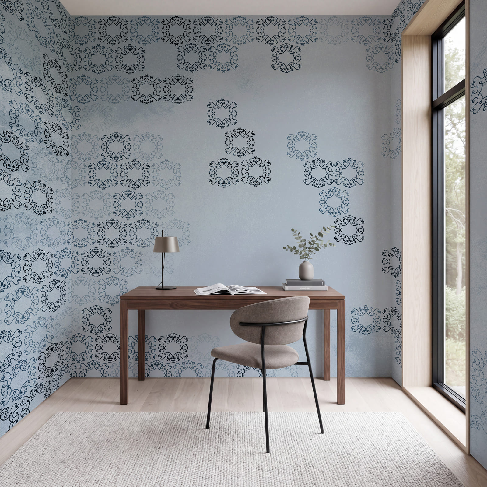 Blue background with black and white patterns