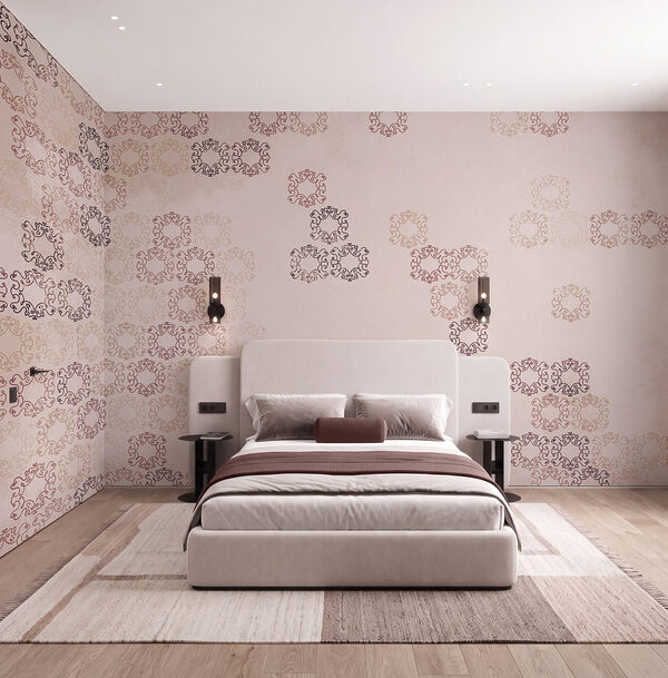 White background with many small black and red designs