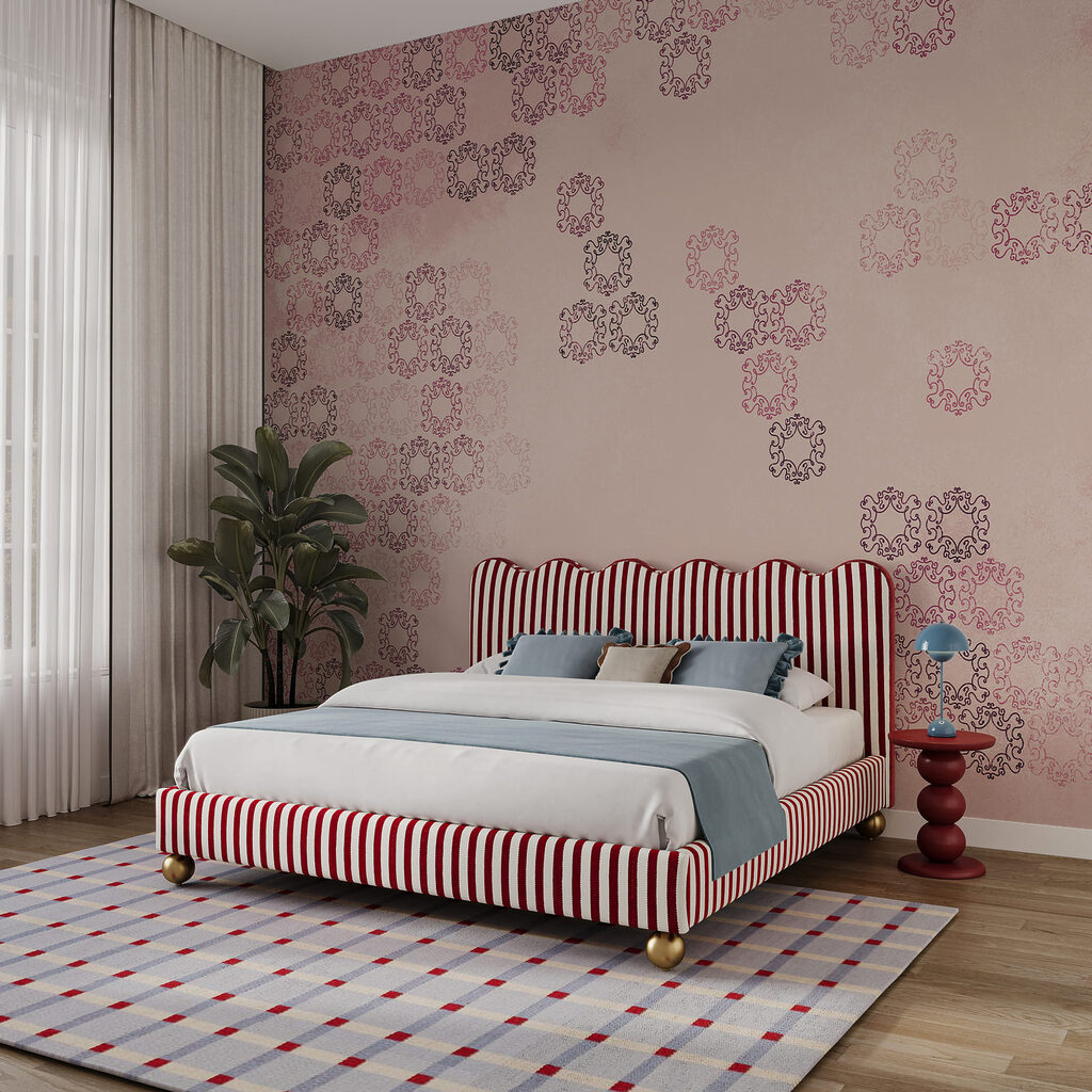 Pink background with many small black and red shapes