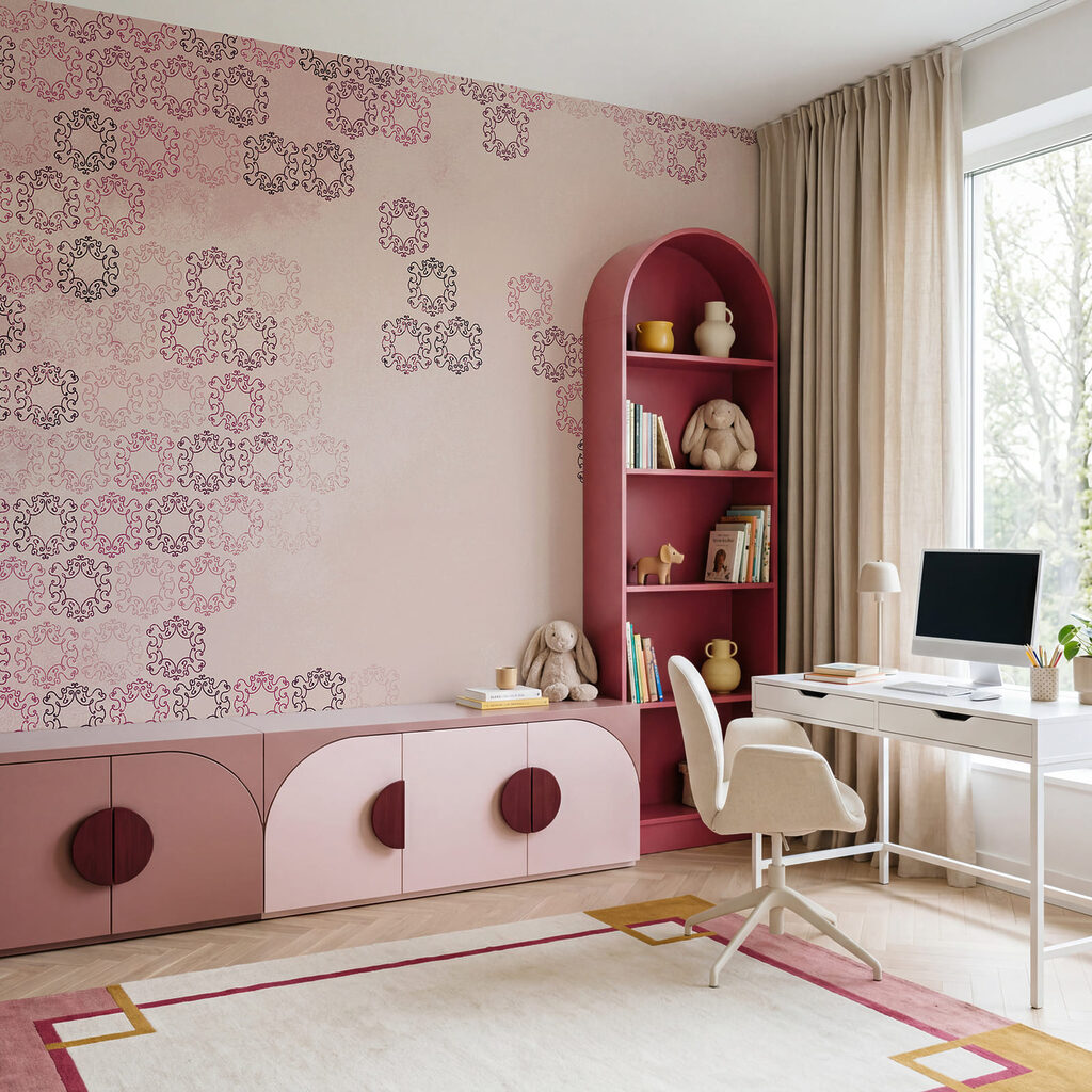 Pink background with many small black and red shapes
