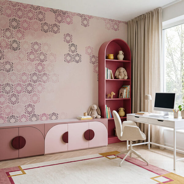 Pink background with many small black and red shapes