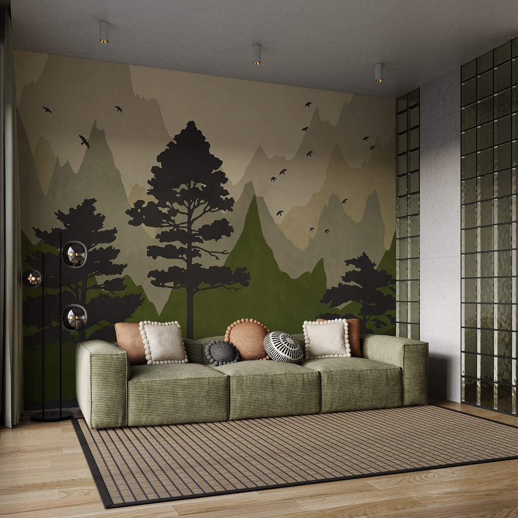 Painting of trees and mountains