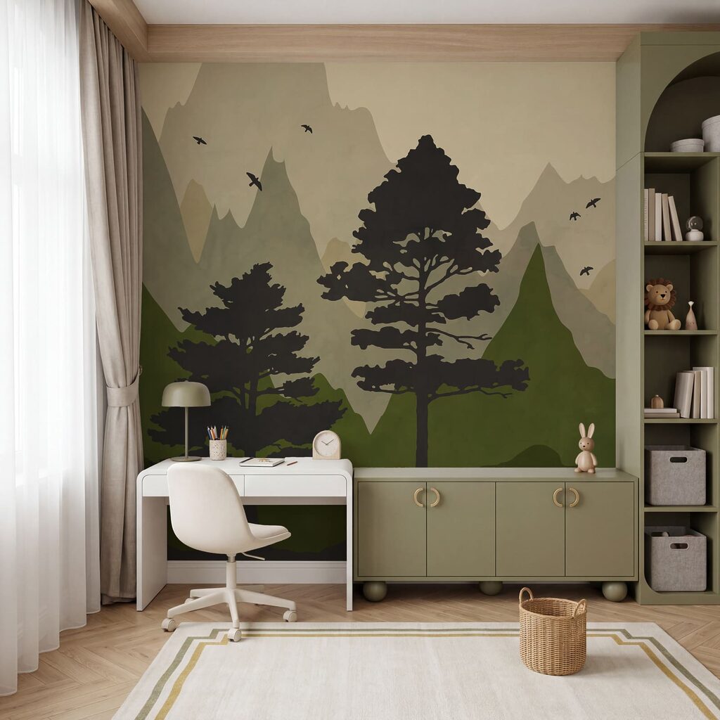 Painting of trees and mountains