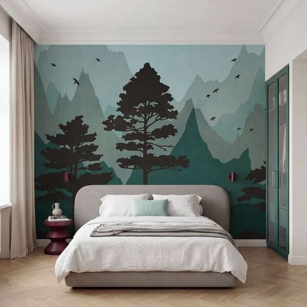 Painting of a forest with mountains and birds Painting of a forest with mountains and birds