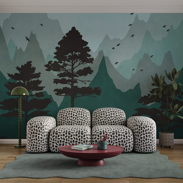 Painting of a forest with mountains and birds Painting of a forest with mountains and birds