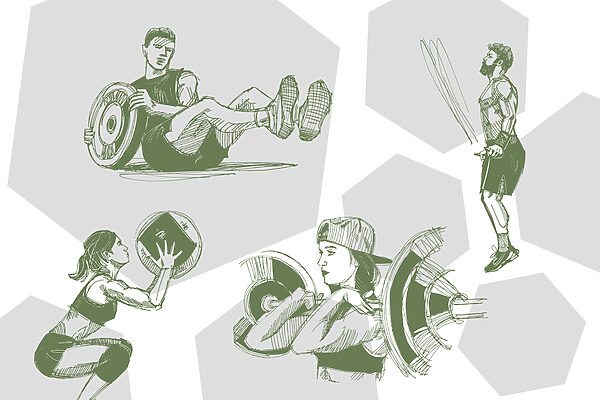 Collage of images of a man and a woman doing squats