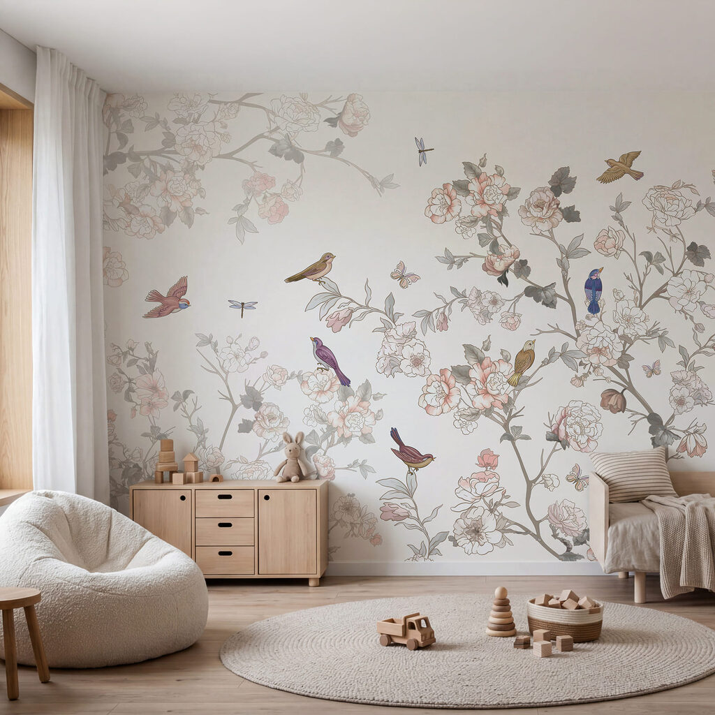 Floral scene with colorful birds Floral scene with colorful birds