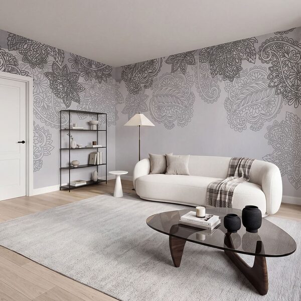 Grey and white background with paisley design Grey and white background with paisley design