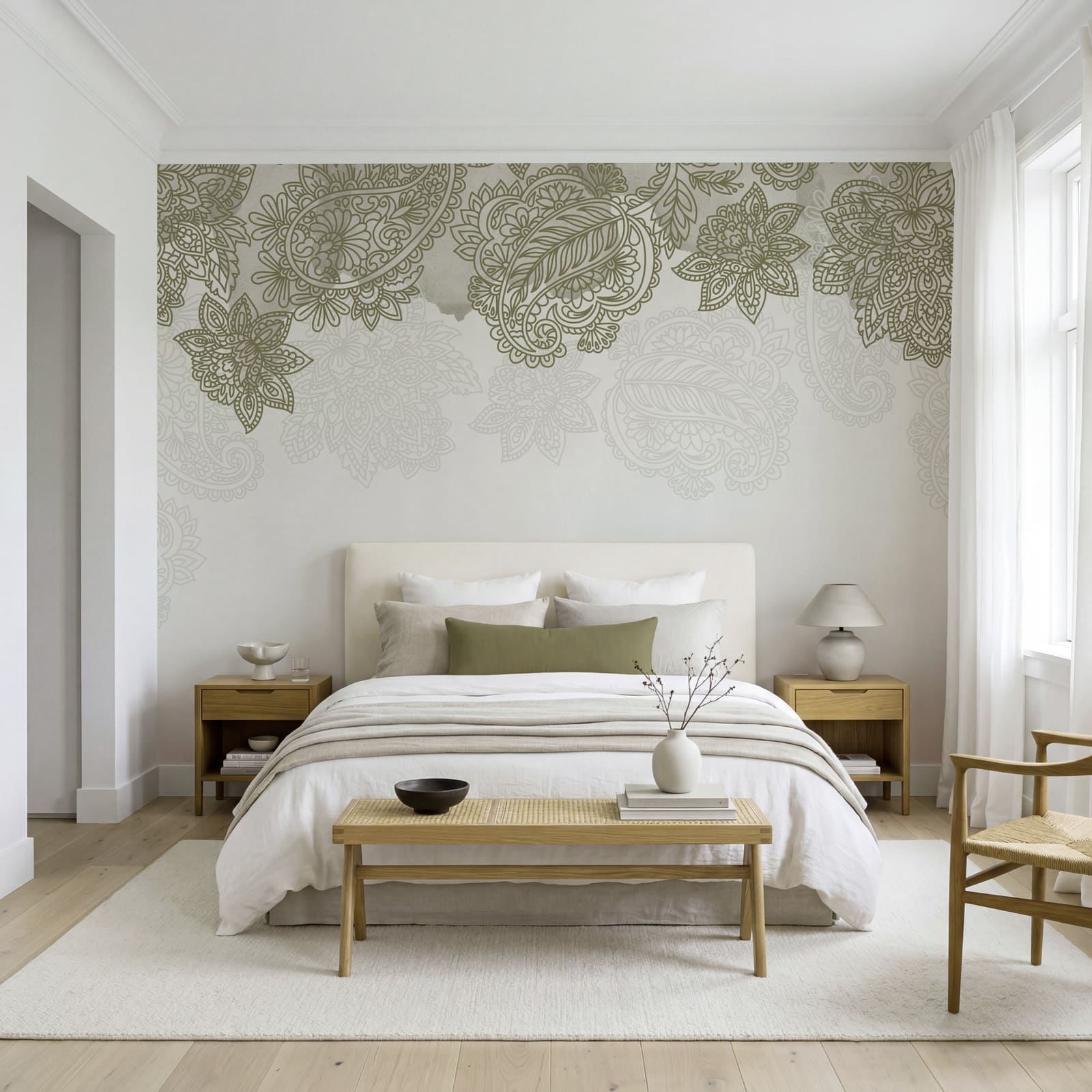 White background with a pattern of leaves and flowers