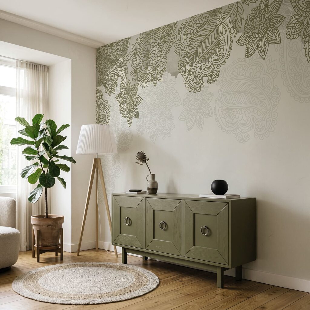 White background with a pattern of leaves and flowers