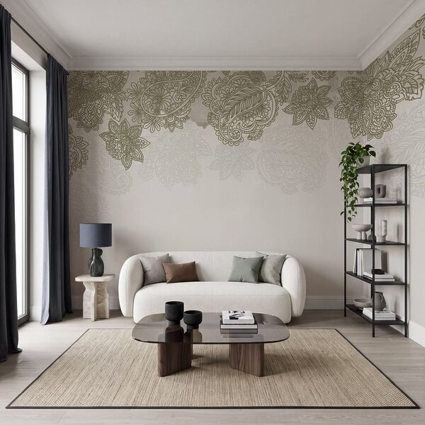 White background with a pattern of leaves and flowers