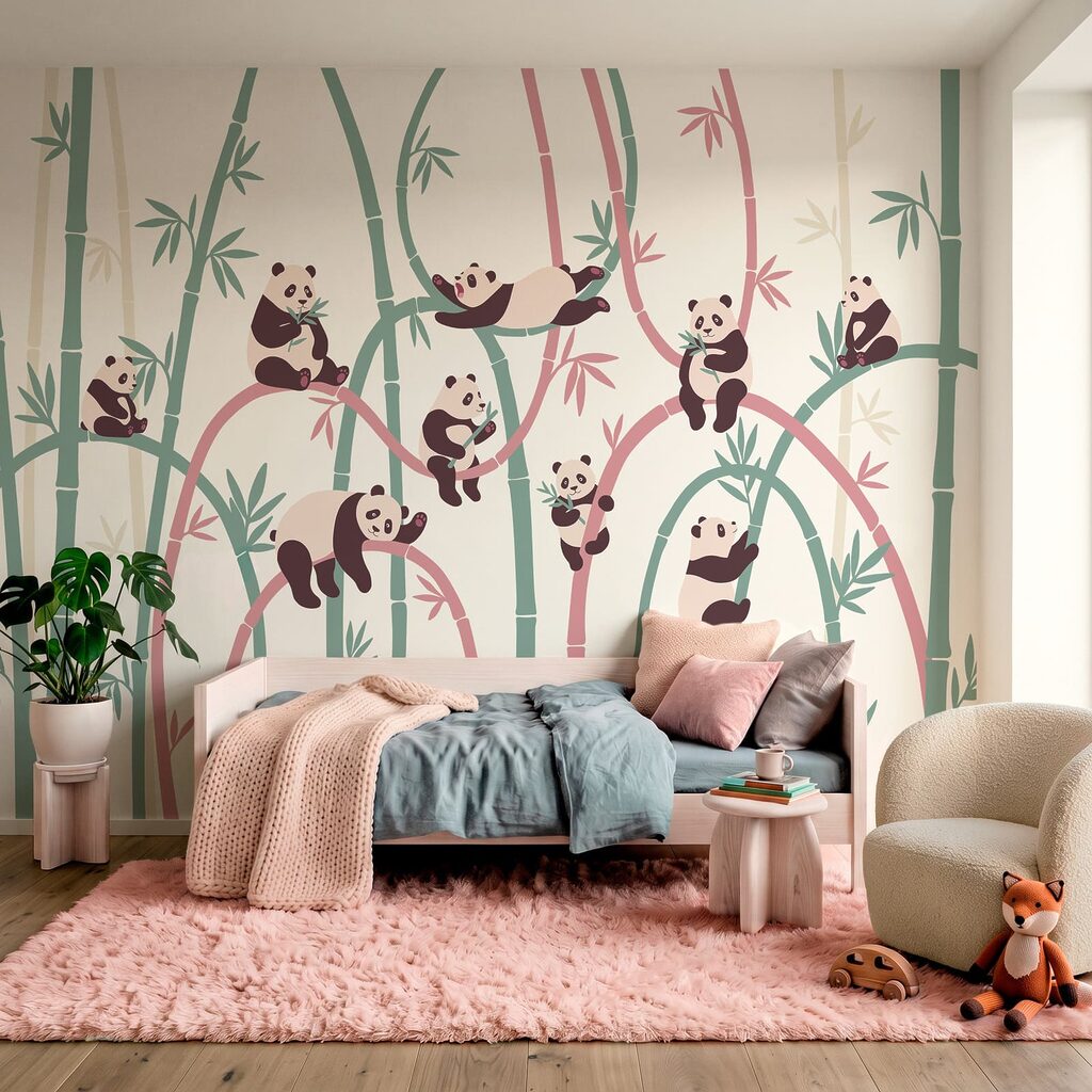 Group of pandas on bamboo branches