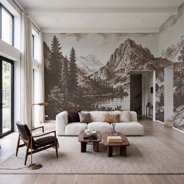 Wall mural Mountain range with trees and a lake (SKU: t00968) Wall mural Wall mural Mountain range with trees and a lake (SKU: t00968)