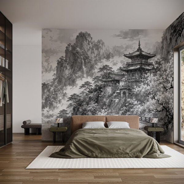 Painting of a building on a mountain Painting of a building on a mountain