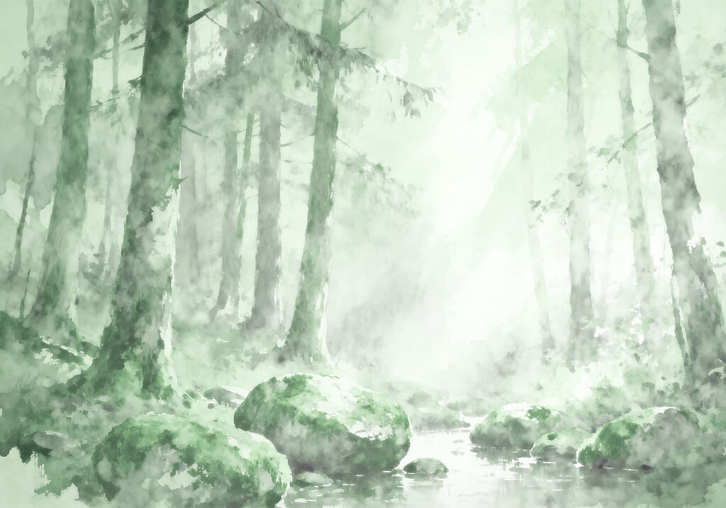 Watercolor painting of a forest with rocks and trees Watercolor painting of a forest with rocks and trees