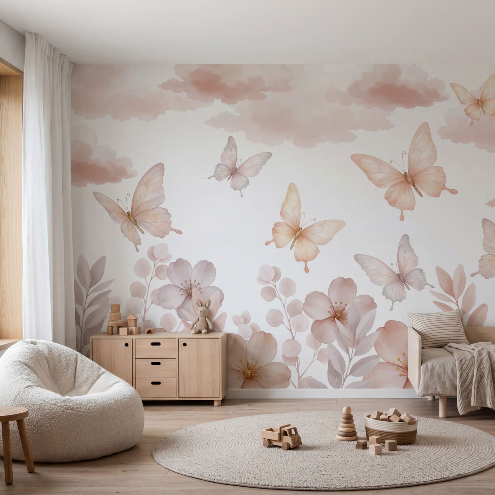 Butterflies flying over flowers