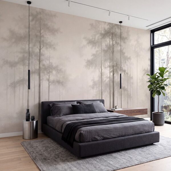 Foggy forest with trees Wall mural Foggy forest with trees