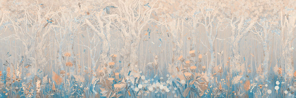 Painting of a deer and birds in a forest Painting of a deer and birds in a forest