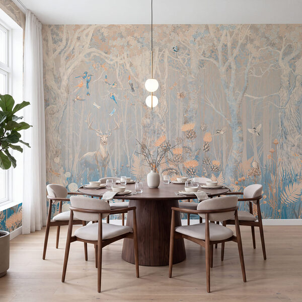 Painting of a deer and birds in a forest Wall mural Painting of a deer and birds in a forest