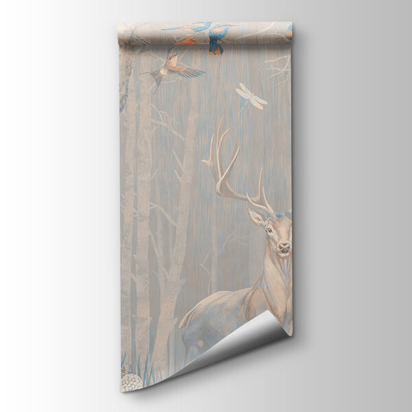 Painting of a deer and birds in a forest Painting of a deer and birds in a forest