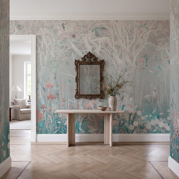 Painting of a deer and birds in a forest Wall mural Painting of a deer and birds in a forest
