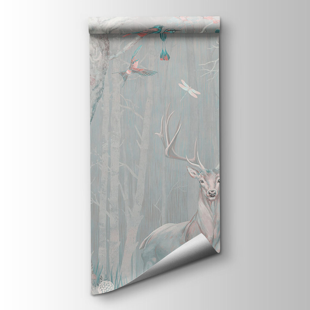 Painting of a deer and birds in a forest Painting of a deer and birds in a forest