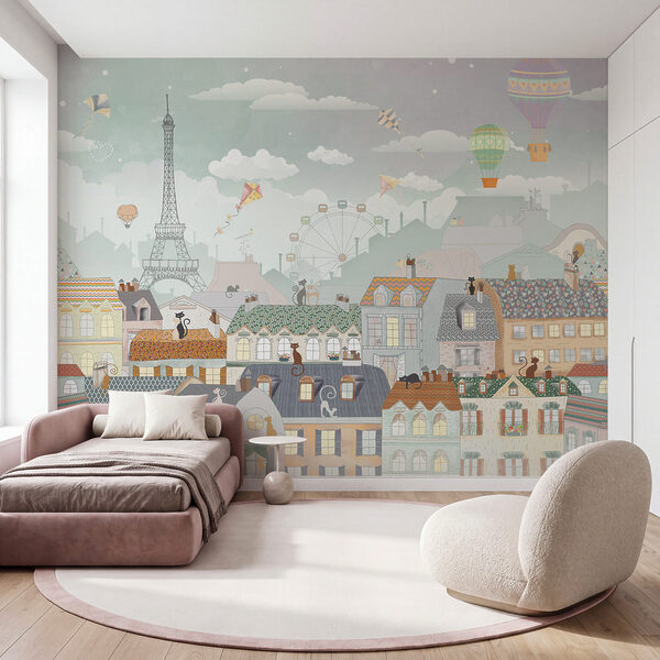 City with many buildings and hot air balloons Wall mural City with many buildings and hot air balloons
