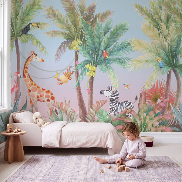 Giraffes and zebras in a jungle Wall mural Giraffes and zebras in a jungle