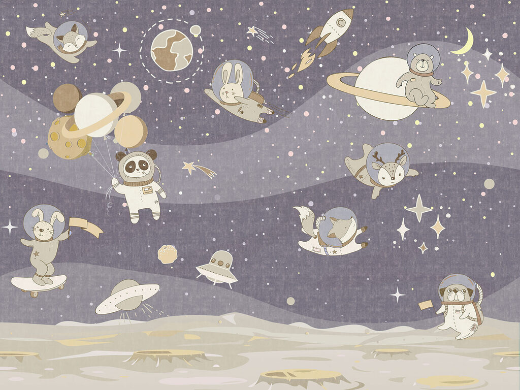 Cartoon space scene with planets and stars