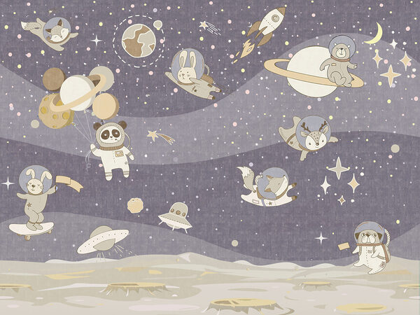 Cartoon space scene with planets and stars