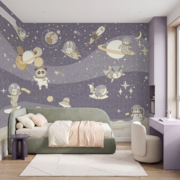 Cartoon space scene with planets and stars Wall mural Cartoon space scene with planets and stars