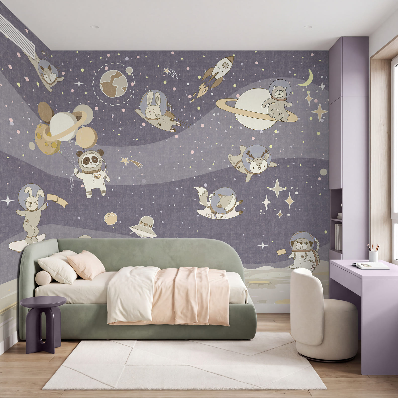 Cartoon space scene with planets and stars