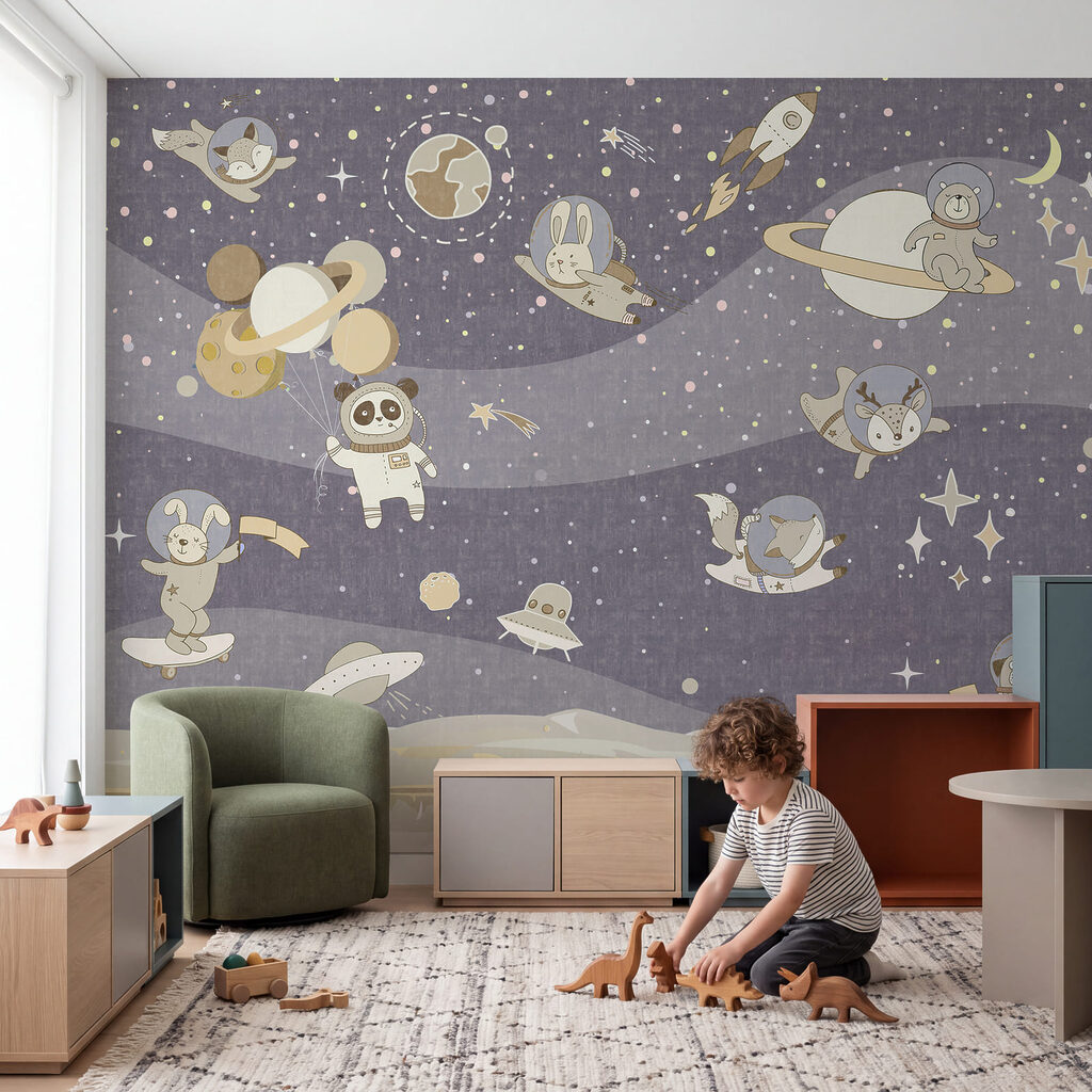 Cartoon space scene with planets and stars