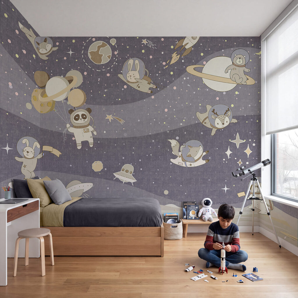 Cartoon space scene with planets and stars