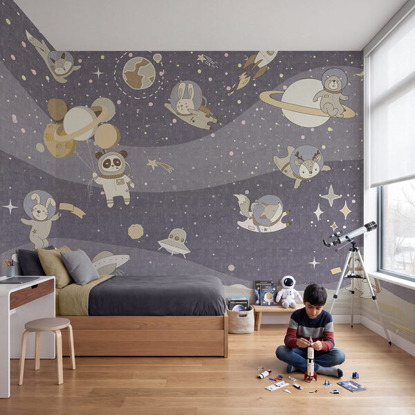 Cartoon space scene with planets and stars