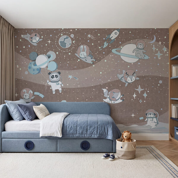 Cartoon space scene with planets and stars Wall mural Cartoon space scene with planets and stars