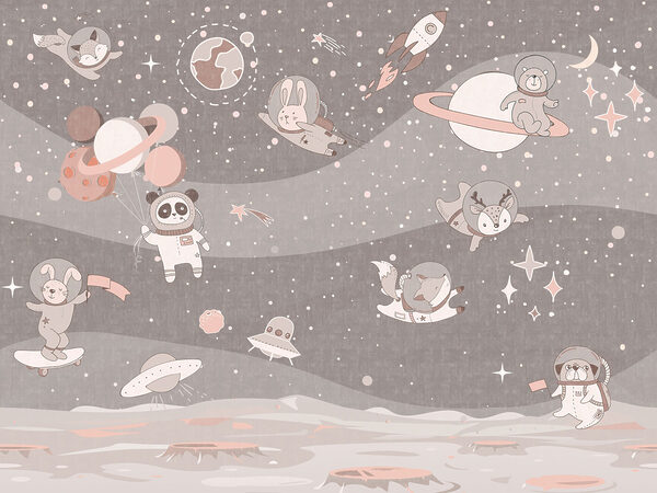Cartoon space scene with planets and animals