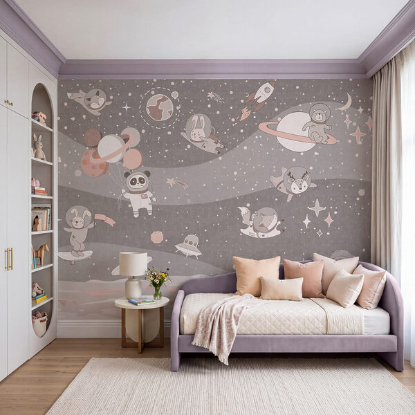Cartoon space scene with planets and animals Wall mural Cartoon space scene with planets and animals