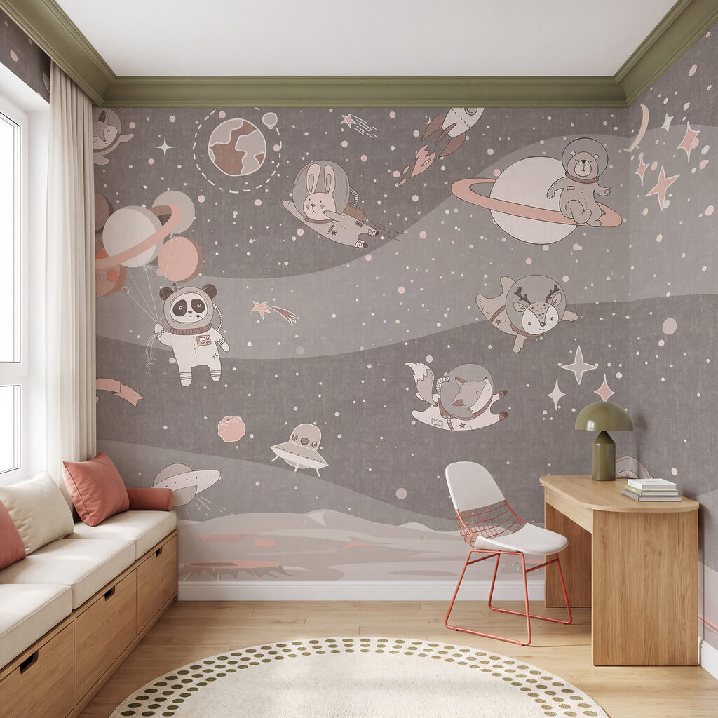 Cartoon space scene with planets and animals