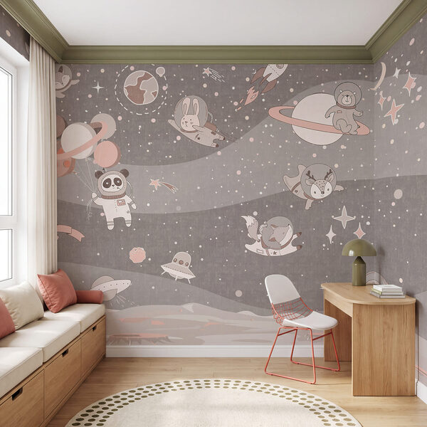 Cartoon space scene with planets and animals