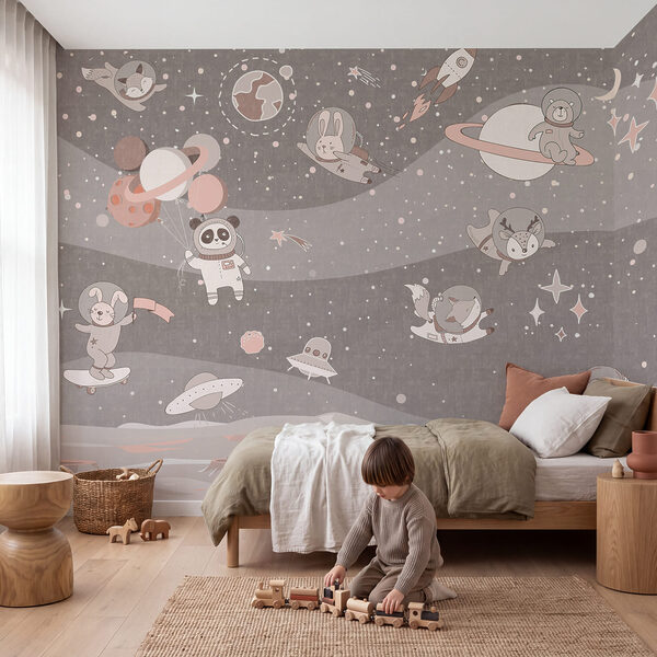 Cartoon space scene with planets and animals