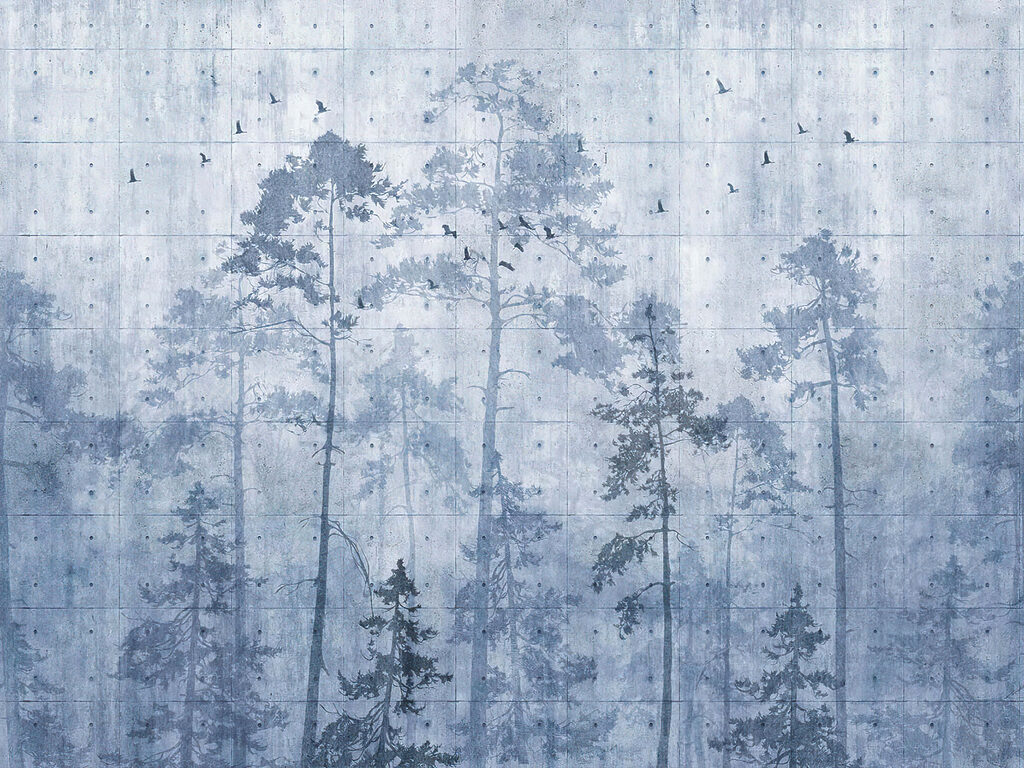 Group of trees with birds flying