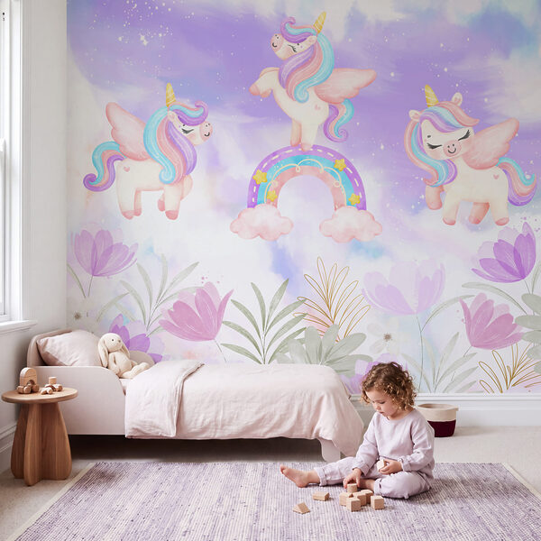 Group of unicorns standing on rainbows and flowers Wall mural Group of unicorns standing on rainbows and flowers