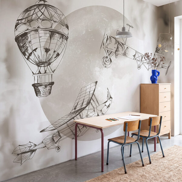 Drawing of airplanes and a balloon