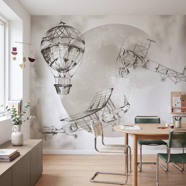Drawing of airplanes and a balloon