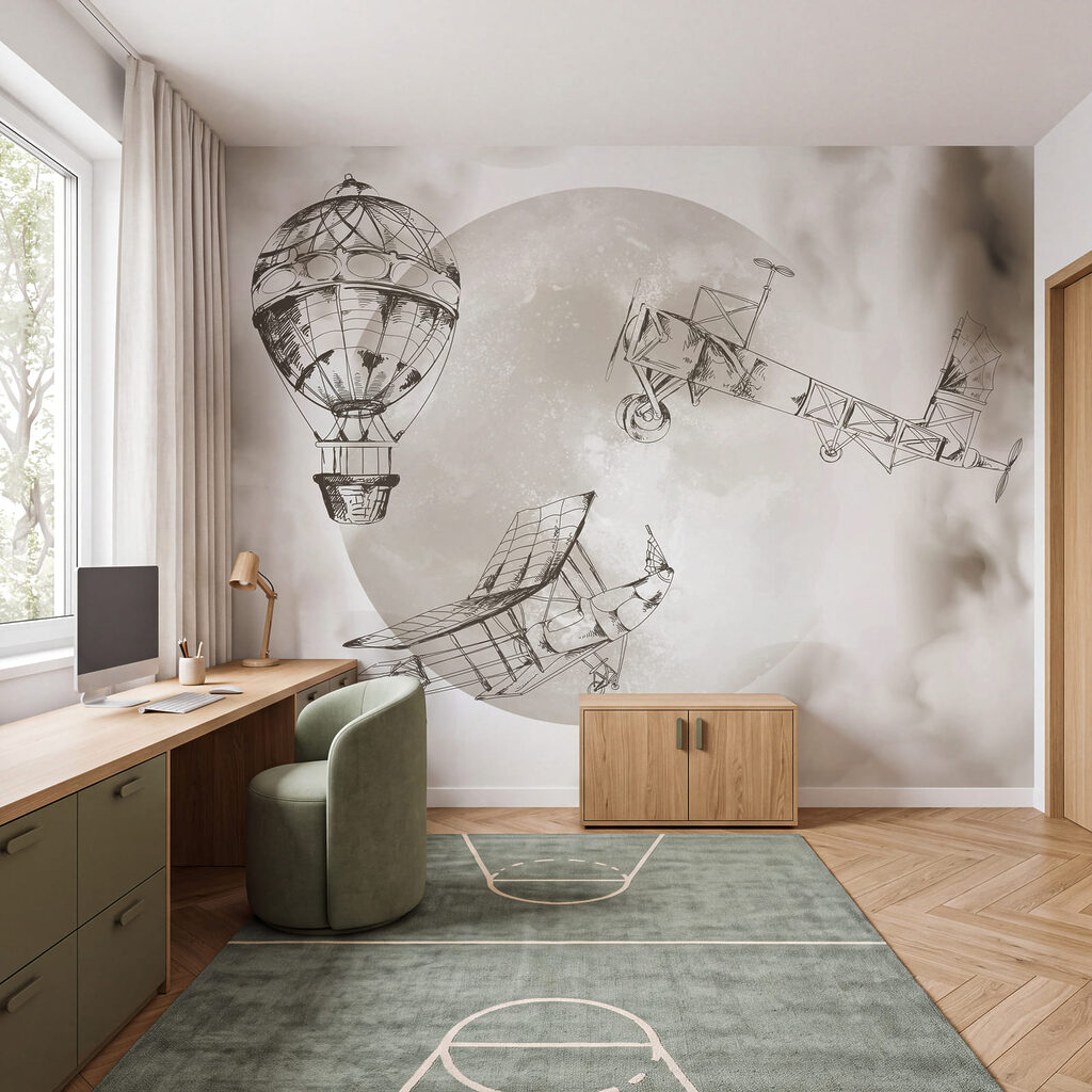 Drawing of airplanes and a balloon