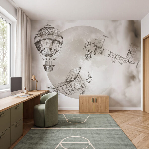 Drawing of airplanes and a balloon
