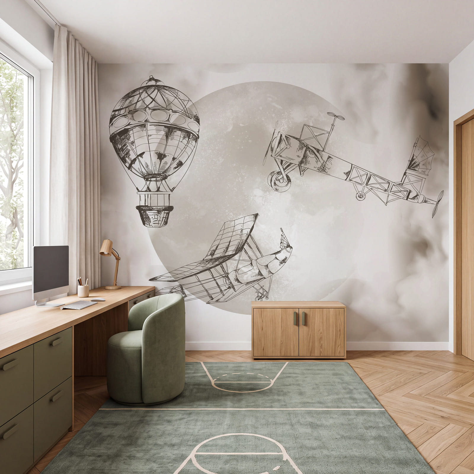 Drawing of airplanes and a balloon