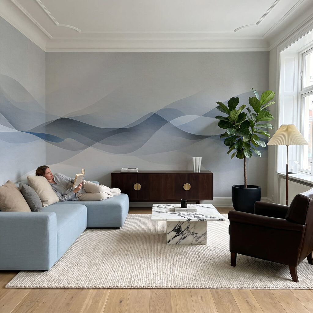 White background with blue waves