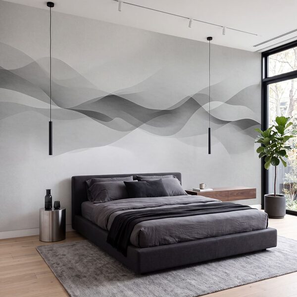 White background with black and white waves Wall mural White background with black and white waves